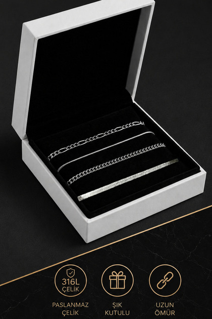 4-Piece Stainless Steel Men's and Women's Thin Italian Crushed and Snake Style Steel Bracelet Set Boxed Gift