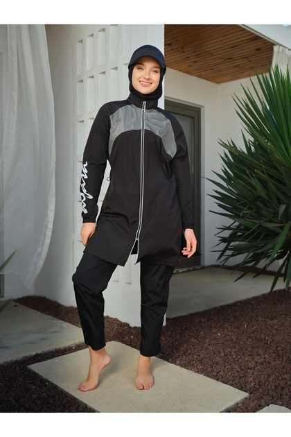 Sports Sleeve Printed Full Covered Hijab Swimsuit 26238-26 - Black