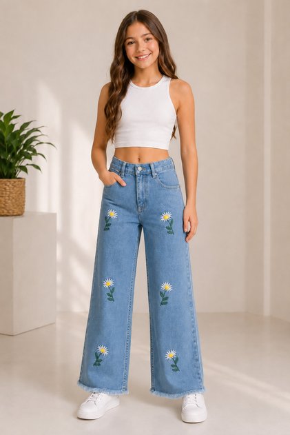 32004-26 Girl's Daisy Embroidered Wide Leg Jean Pants with Tassel Legs