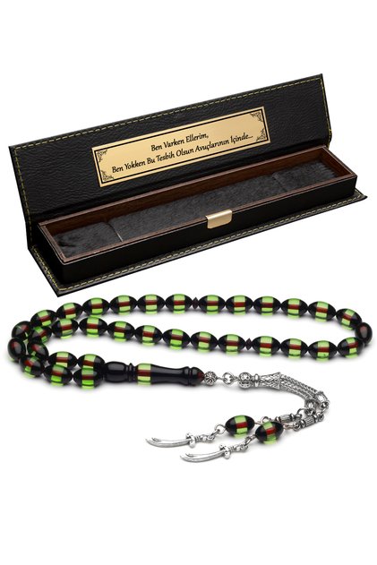 Men's 7X11Mm Zulfiqar Sword Design Green Black Red Vermilion Powder Amber Prayer Beads