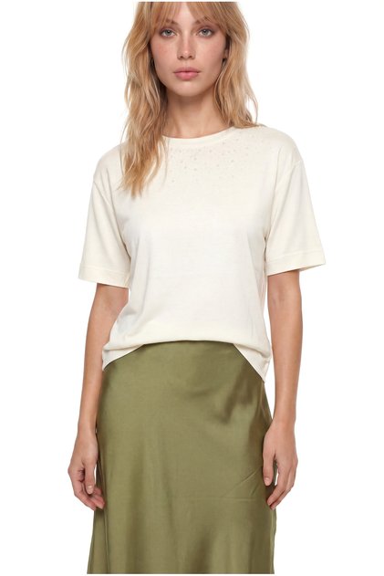Women's Rhinestone Patterned Round Neck Short Sleeve White T-Shirt