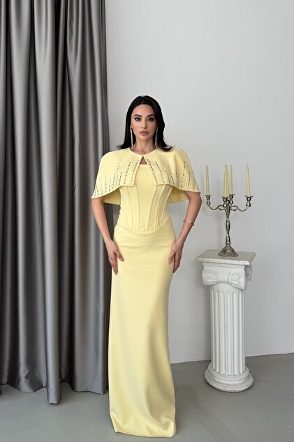 Serica Moda Yellow Bolero Stone Embellished Underwire Long Evening Dress-  Trendyol