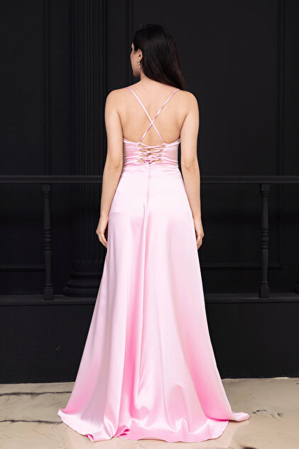 BEYBOS Satin Backless Long Evening Dress with Drawstring - Pudra- Trendyol BEYBOS Satin Backless Long Evening Dress with Drawstring - Pudra- Trendyol
