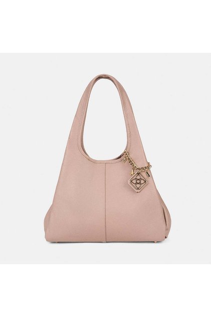 Women's Beige Leather Shoulder Bag with Charm Accessories