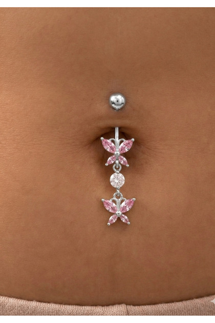 Pembe Zirkon Taşlı İkili Kelebek Figürlü Sallantılı Çelik Göbek Piercing