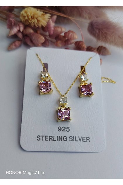 SET PINK Argint 925 ,suflat cu aur 14k , pietre surub ,