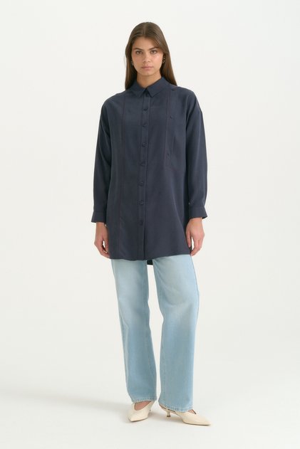 Kontrast Dikiş Detaylı Oversize Lyocell Tunik - Lacivert