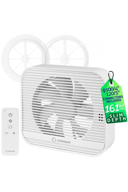 Ventilator de baie Axio 1012 R, Telecomanda, Consum max. 7.8W, 5 viteze + Boost, Conectori si Clapete anti retur 100 mm si 120 mm, Multifuncțional, Debit aer max. 163mc/h, Alb