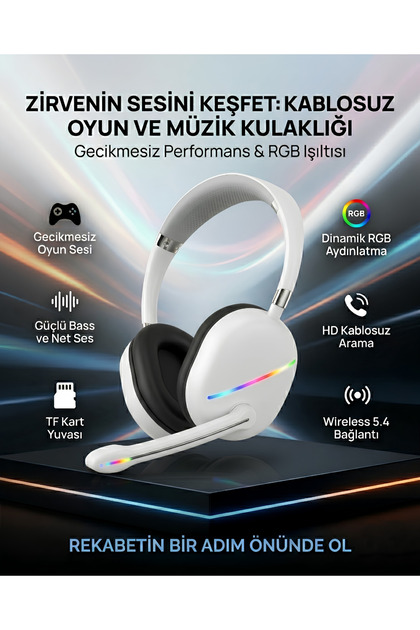 RGB Oyuncu Kulaklık Kablosuz Mikrofonlu Wireless 5.4 Oyuncu Kulaklığı TF Kart Girişli HD Sesli RGB Işıklı Kulaklık
