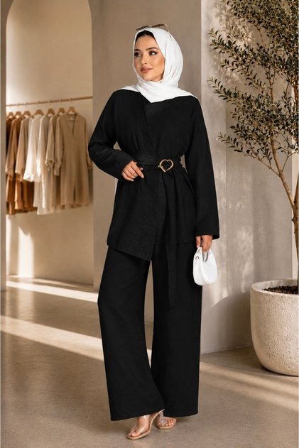 Women's Gold Accessory Detailed Tunic Pants Double Hijab Set Sb0037