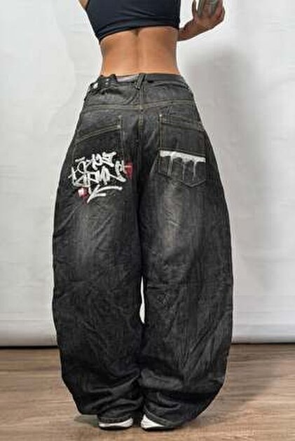 パンツ Machiavel Any Thing Like SkinnyJeans y2k Karakedi Siyah Grafiti Yıkamalı Harajuku Baggy Y2K Pantolon