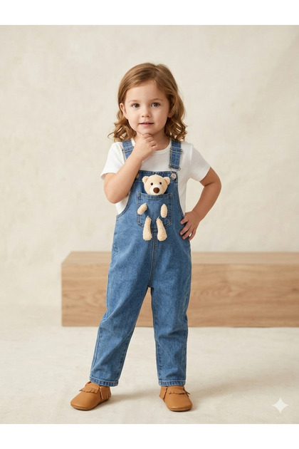 Unisex Bear Printed Denim Salopet Jumpsuit