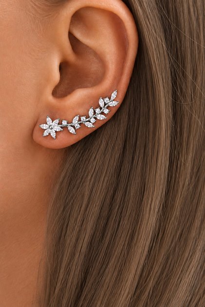 Women's Zircon Waterway Flower and Leaf Model Ear Climber Silver Safety Pin Earrings