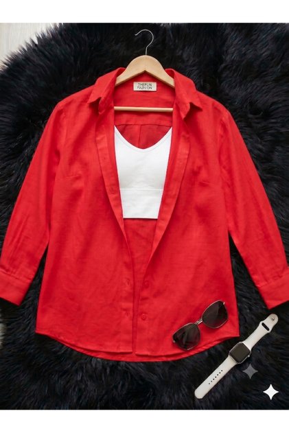 Women's Oversize Cut Woven Linen Long Sleeve Red Shirt 100% Cotton