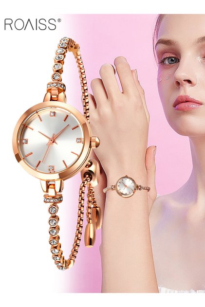 Womens Bracelet Quartz Watch Analog Round Silver Dial Rhinestone Decorated Strap Waterproof Elegant Wristwatch Gift for Ladies
