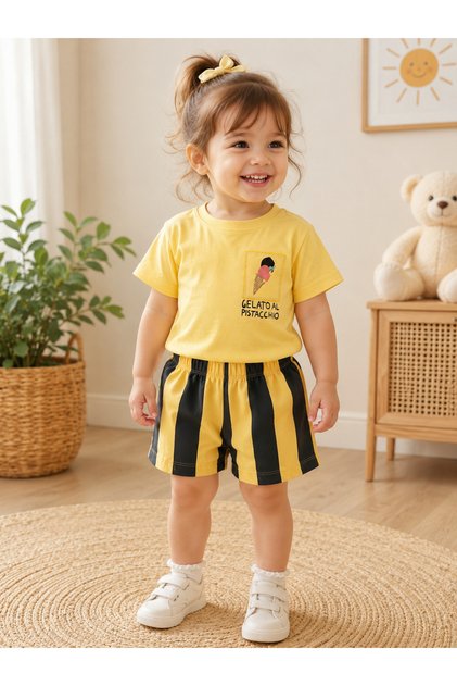 Girl's Ice Cream Printed Shorts Set Yellow T-Shirt Striped Shorts Summer 2-Piece Set 1-4 Years Old