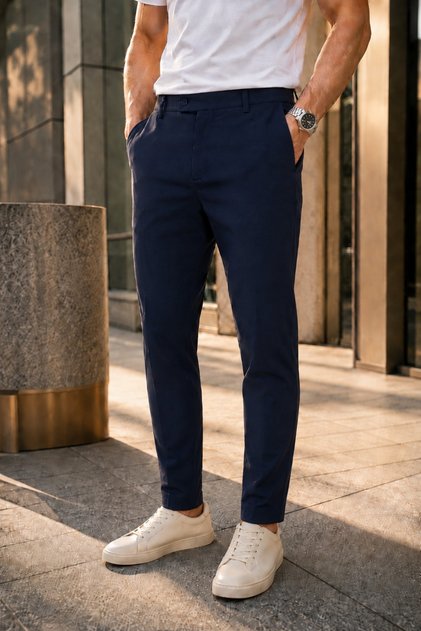 Men's Navy Blue Fabric Trousers Slim Fit Lycra Narrow Leg Ankle Length Side Pocket Straight