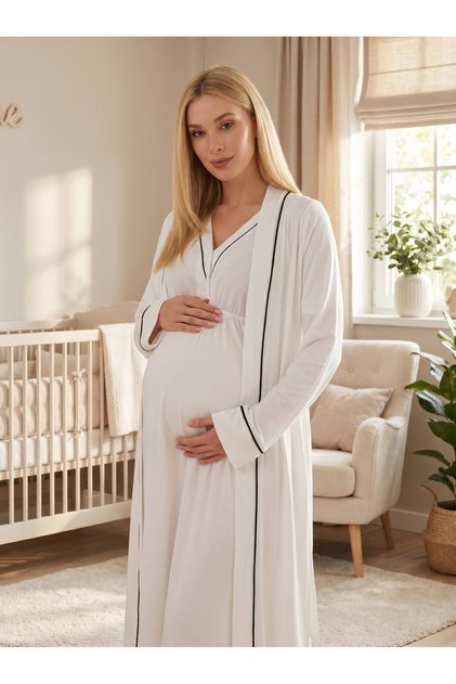 New Season Ecru 100% Cotton Short Sleeve Maternity Nightgown Set with Nursing Features