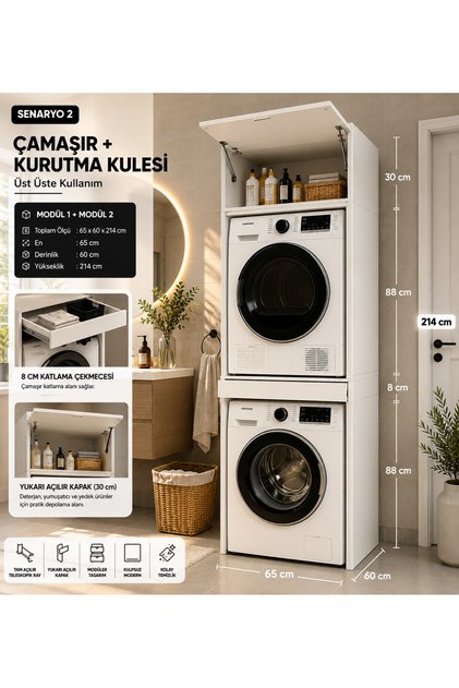 Çamaşır Makinesi ve Kurutma makinesi dolabı 2li Kule