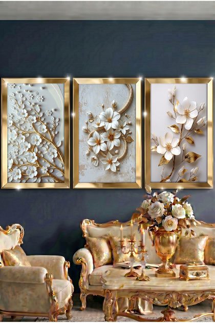 Gold Aynalı Pleksi Çerçeveli 3lü MDF Tablo Çiçek Tasarımlı Modern Salon Seti