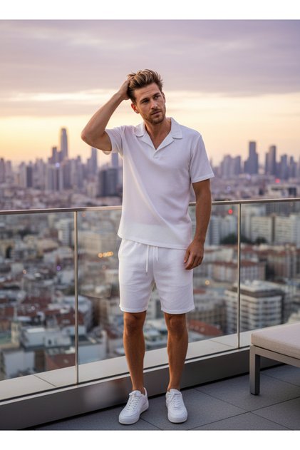 طقم تي شيرت وشورت رجالي صيفي من قماش ليكرا مجعد بأكمام قصيرة