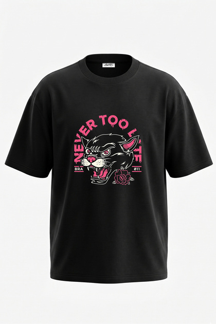 Wolf Tattoo Design Back Printed Cotton Black Oversize T-Shirt