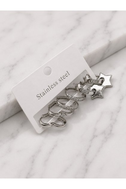 26Clk129 - Silver Double Star Detailed Earring Set
