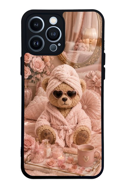 iPhone 13 Pro Max Glossy Phone Case with Pink Teddy Spa Design