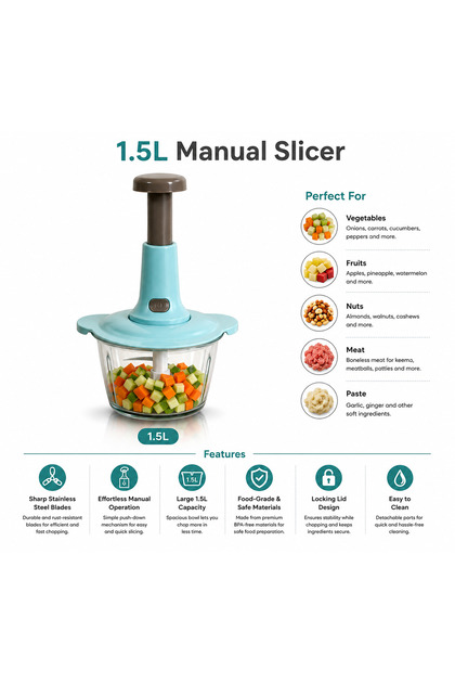 1.5L Manual Food Chopper Vegetable Cutter Kitchen Slicer Dicer Hand Press Chopper BPA Free Stainless Steel Blade Food Processor for Fruits, Vegetables, Herbs & Nuts