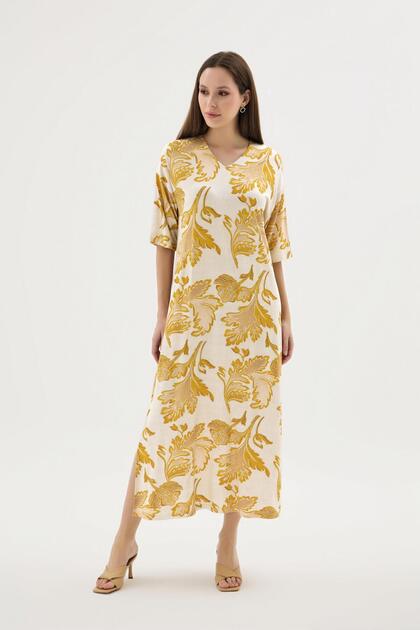 Women's Short Sleeve Slit Mustard Relaxed Cut Home Wear Long Dress C4T0N612