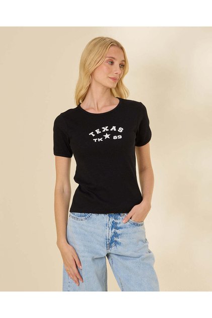 Women Black Graphic Ribbed T-Shirt
