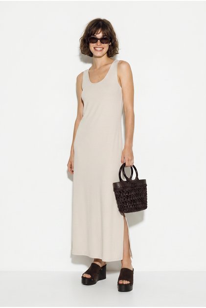 Women's Beige Scarf Detailed Backless Slit Maxi Dress 4158 60286369