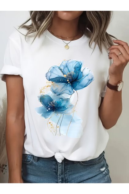 Women's Floral Printed Crew Neck Regular Fit T-Shirt