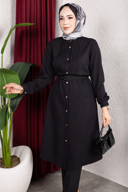 New Season Ribbed Detailed Belted Hijab Suit Hijab Top and Bottom Set - Black