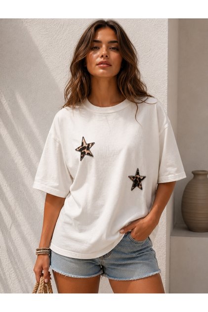 Leopar Yıldız Oversize Kadın T-şort