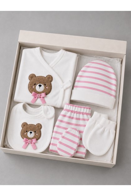 Textured Teddy Bear Detailed Cotton Striped 5-Piece Boxed Newborn Hospital Discharge Set 0-3 Months