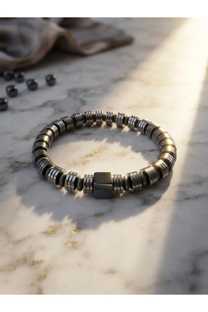 Cube Detailed and Ring Cut Hematite Natural Stone Bracelet