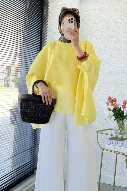Premium Bat Sleeve Shawl Collar Voile Blouse - Yellow