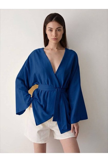 Parliament Color Buttoned Belted Linen Kimono - 005