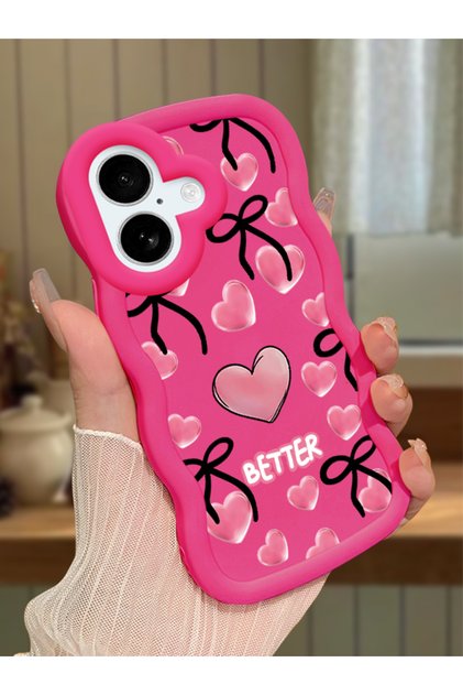 iPhone 16 Compatible Case with Camera Protector Red Silicone Couple Phone Case Heart Pattern