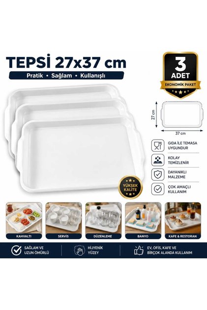 PLASTİK SERVİS TEPSİSİ BEYAZ 27*37 CM 3 ADET