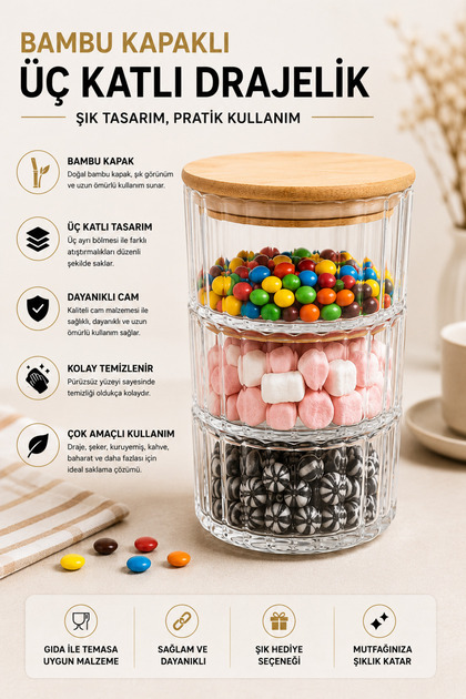 3-Tier Glass Storage Container with Bamboo Lid, Multi-Purpose for Dragees and Cookies