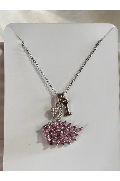 316L Steel Pink Zircon Stone Swan I Letter Necklace