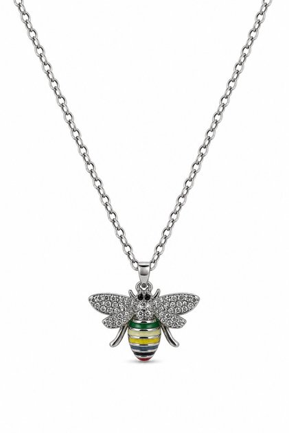 Stylish Necklace with Steel Bee Figure, Colorful Enamel and Stone Detail - Stainless Steel Chain