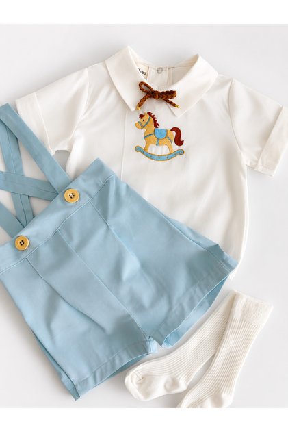 100% Cotton Rocking Horse Embroidered Party Baby Shorts Set