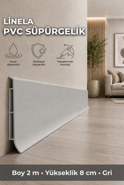 Linela PVC Süpürgelik 8 cm Gri 2 m Yapıştırmalı Suya Dayanıklı Kalın Profil LNL414