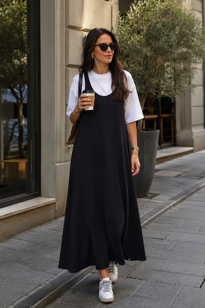 Women's Casual T-Shirt and Suspender Long Dress Two-Piece Set