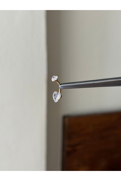 316 L Çelik 2 Baget Taşlı Kalp Piercing Kalpli Göbek Piercingi