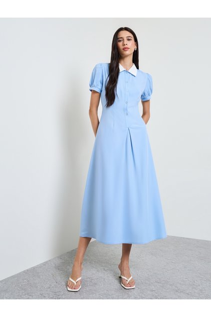 Blue A-Line Midi Dress with Puff Sleeves