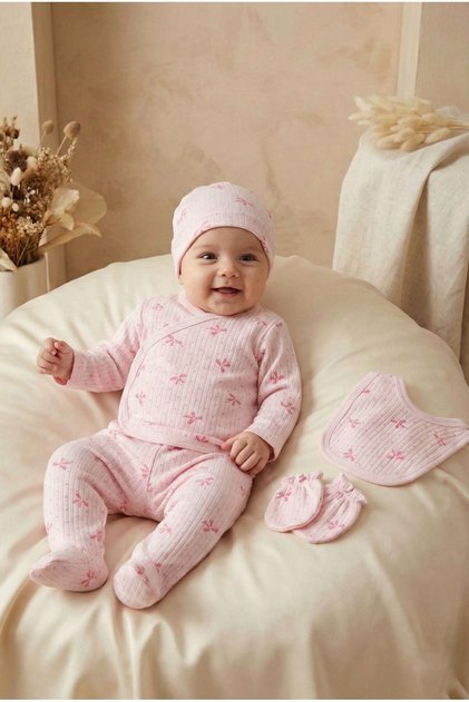 Soft Pink Cotton Baby Bow Daily Use Set